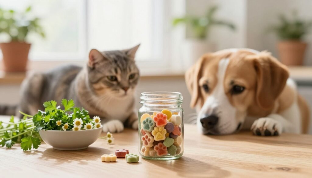A serene and cozy setup featuring a wooden table adorned with a variety of natural pet supplements. In the foreground, there's a clear glass jar filled with colorful, chewy supplements shaped like various animal paw prints. Beside it, a small bowl of fresh herbs like parsley and chamomile adds a touch of greenery. The middle ground displays a playful cat and a relaxed dog, both looking curiously at the supplements. Soft, warm lighting bathes the scene, creating a welcoming atmosphere. The background features a sunny window with sheer curtains and potted plants, enhancing the overall feeling of vitality and health. The composition is shot with a shallow depth of field, focusing on the supplements while softly blurring the pets and background to draw attention to natural solutions for enhancing pet energy.