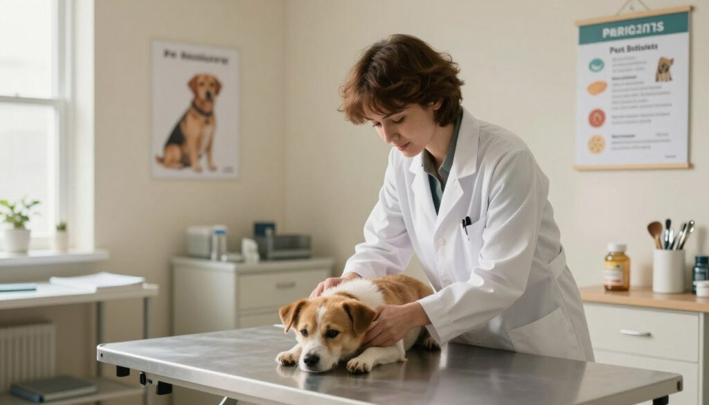 A warm, inviting veterinary clinic interior. In the foreground, a caring veterinarian in a white lab coat is gently examining a small, tired dog on a check-up table, showcasing empathy and professionalism. The vet has short, brown hair and is wearing modest, casual clothing underneath the coat. The middle ground features a neatly organized examination room with veterinary tools, posters explaining pet health, and a wall-mounted chart about pet nutrition. The background shows a window with soft, natural light filtering through, illuminating the scene and creating a serene atmosphere. The overall mood is one of comfort and reassurance, reflecting the importance of seeking veterinary care for pets that have lost energy and interest in food.